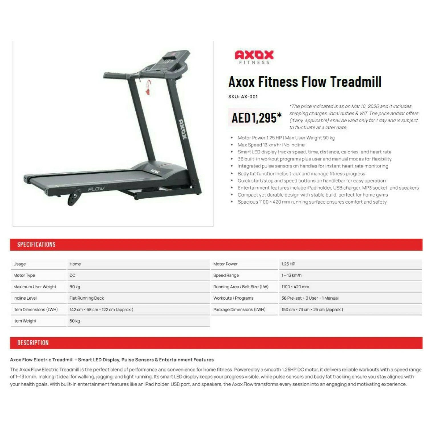 Axox Fitness Flow Treadmill – Home Running Machine with 36 Programs & 13 km/h Speed